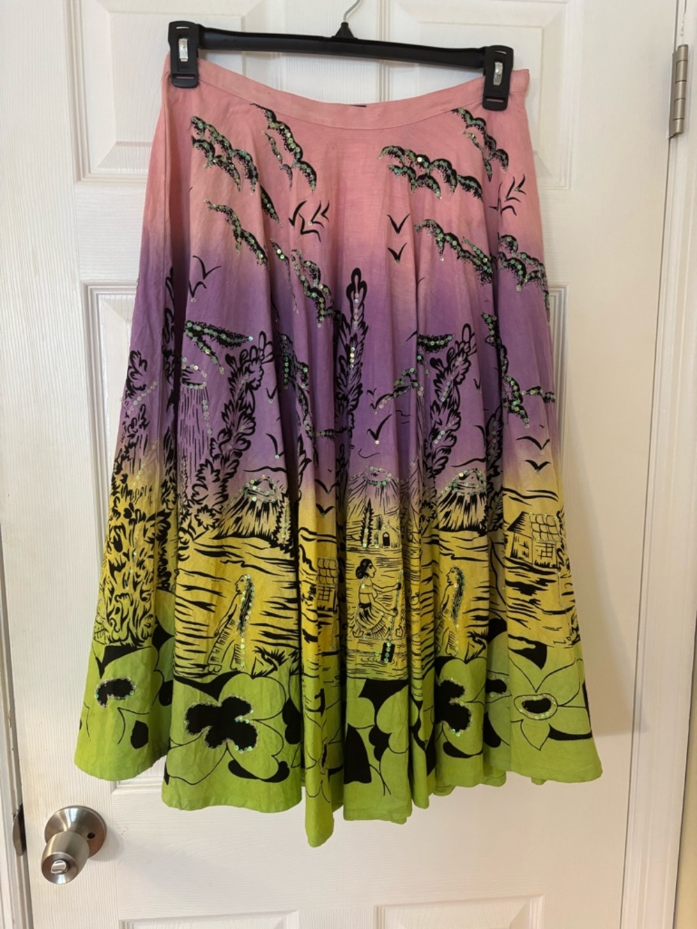Anitsa Paris Skirt in Pink, Purple & Green with Black Print size Large